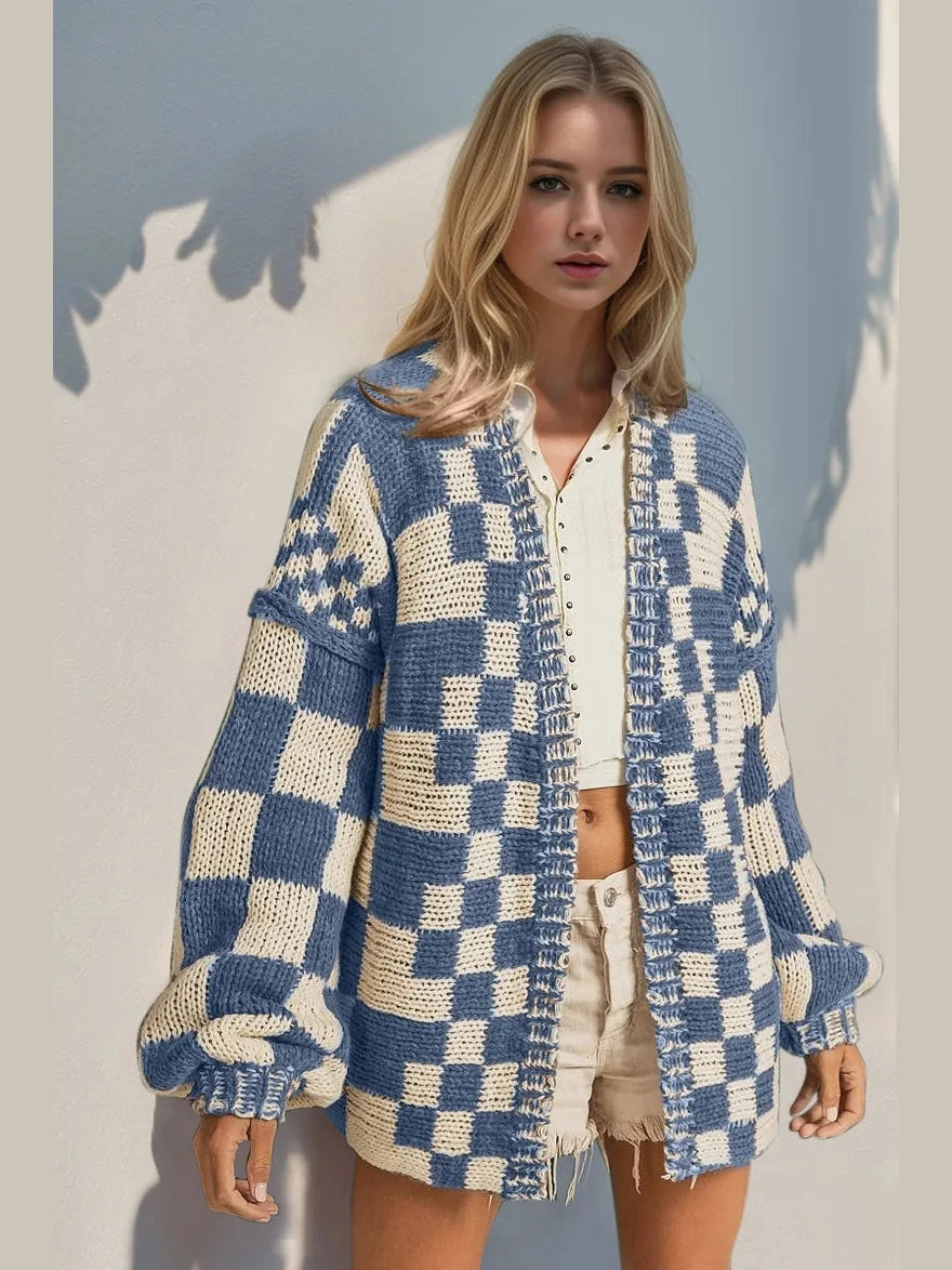 Double Take Full Size Open Front Checkered Drop Shoulder Cardigan