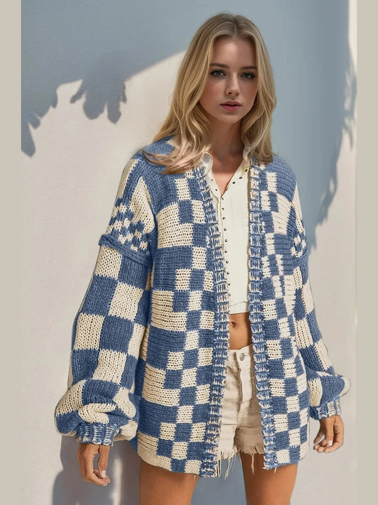 Double Take Full Size Open Front Checkered Drop Shoulder Cardigan