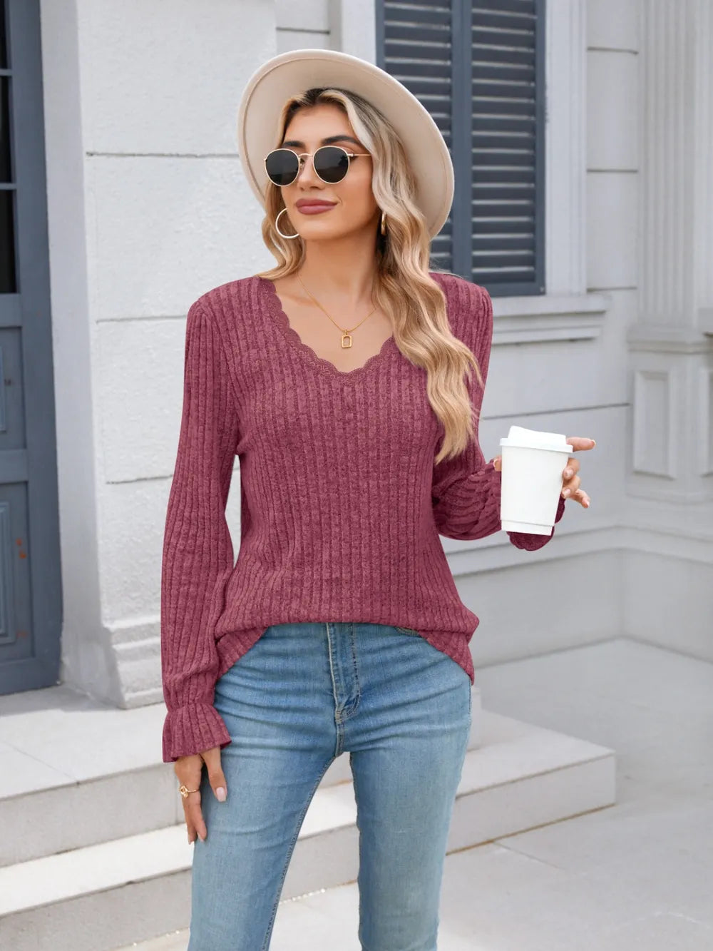 Lace Detail V-Neck Long Sleeve T-Shirt nicholesgifts