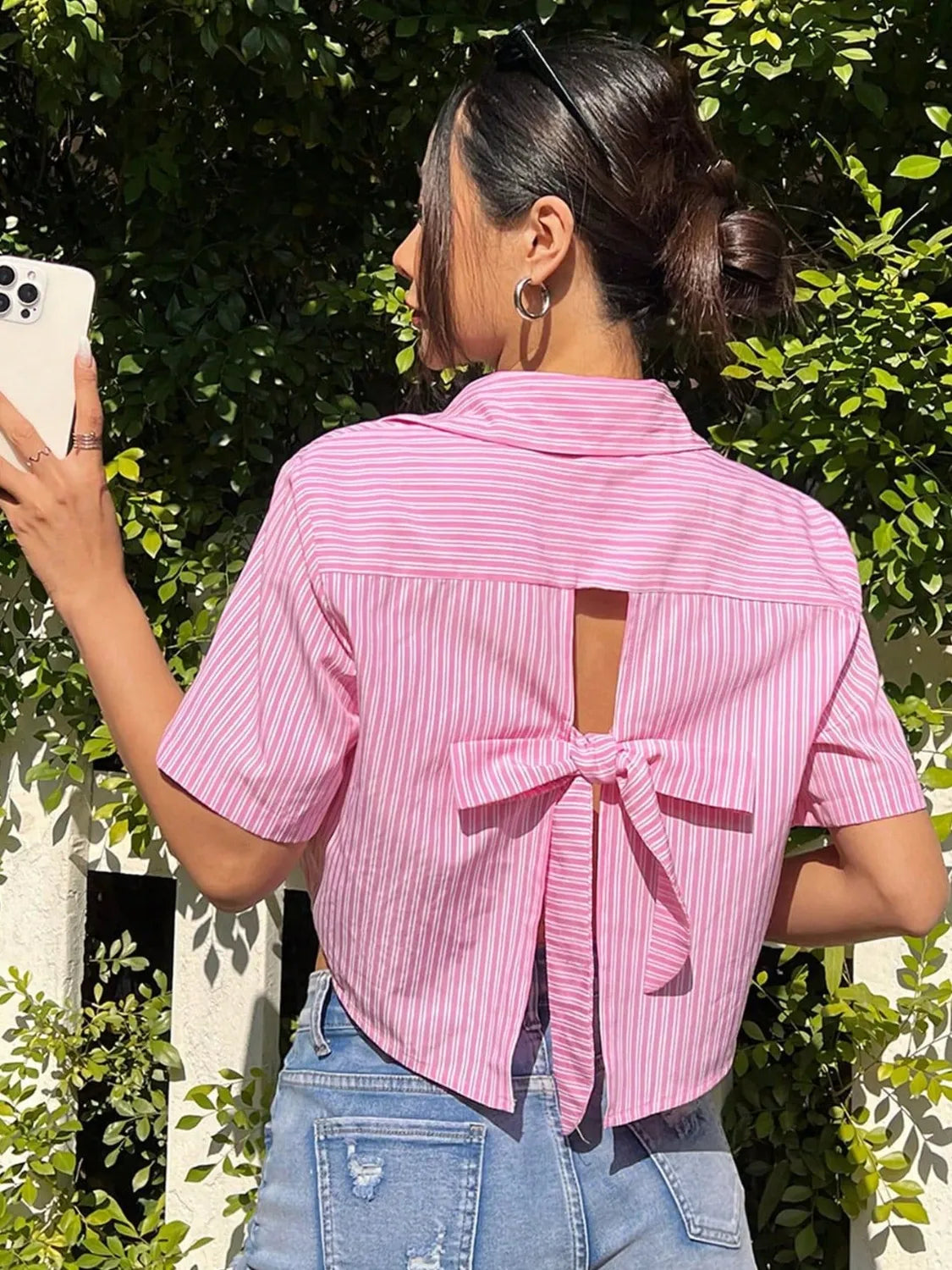 Bow Back Striped Short Sleeve Shirt