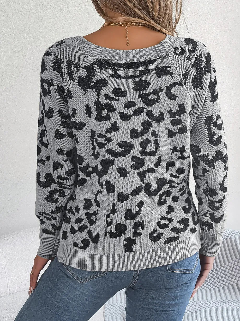 Leopard Buttoned Square Neck Sweater Trendsi