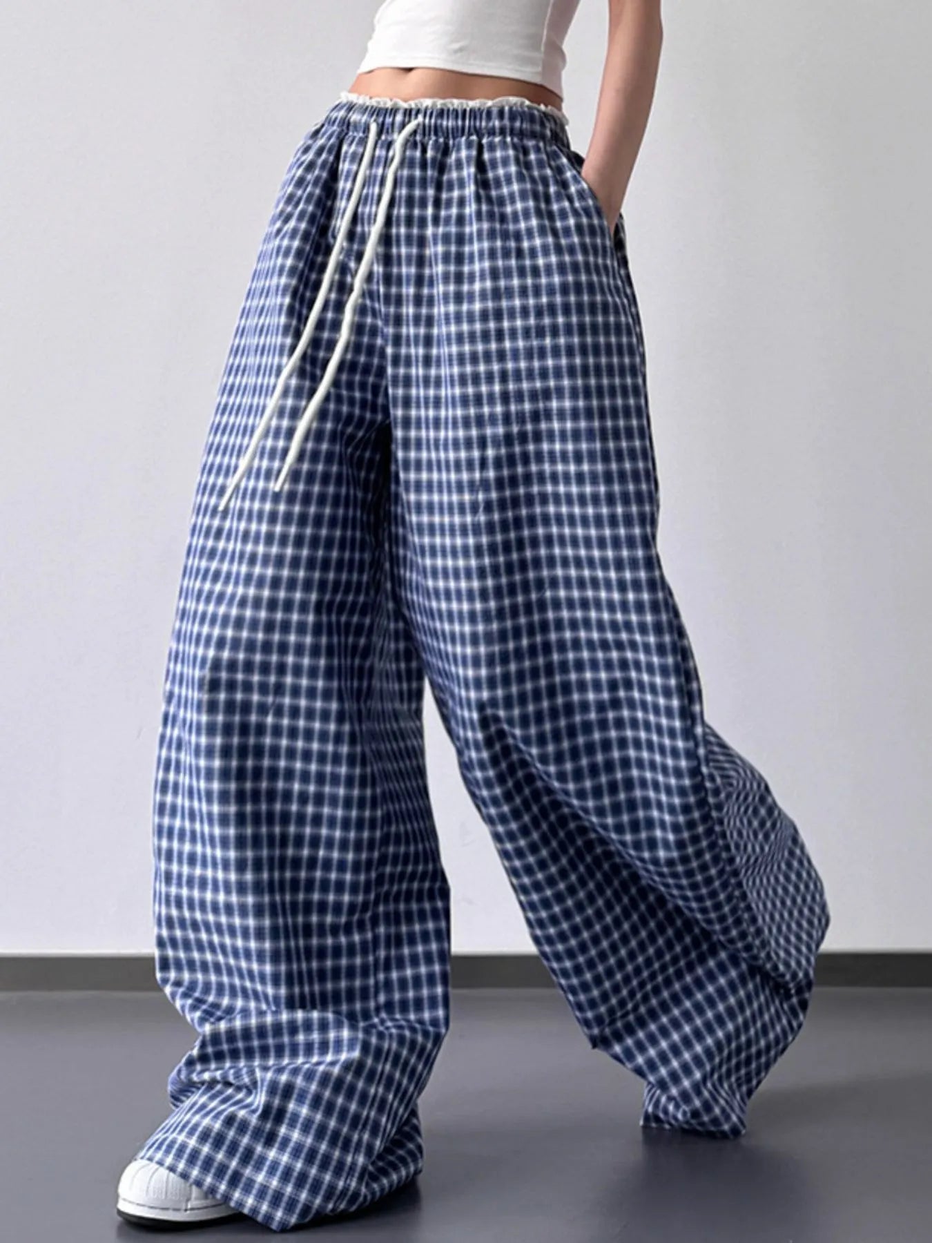 Drawstring Plaid Wide Leg Pants Trendsi