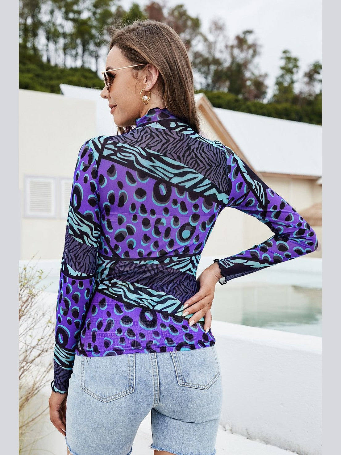 Printed Mock Neck Long Sleeve Blouse NicholesGifts