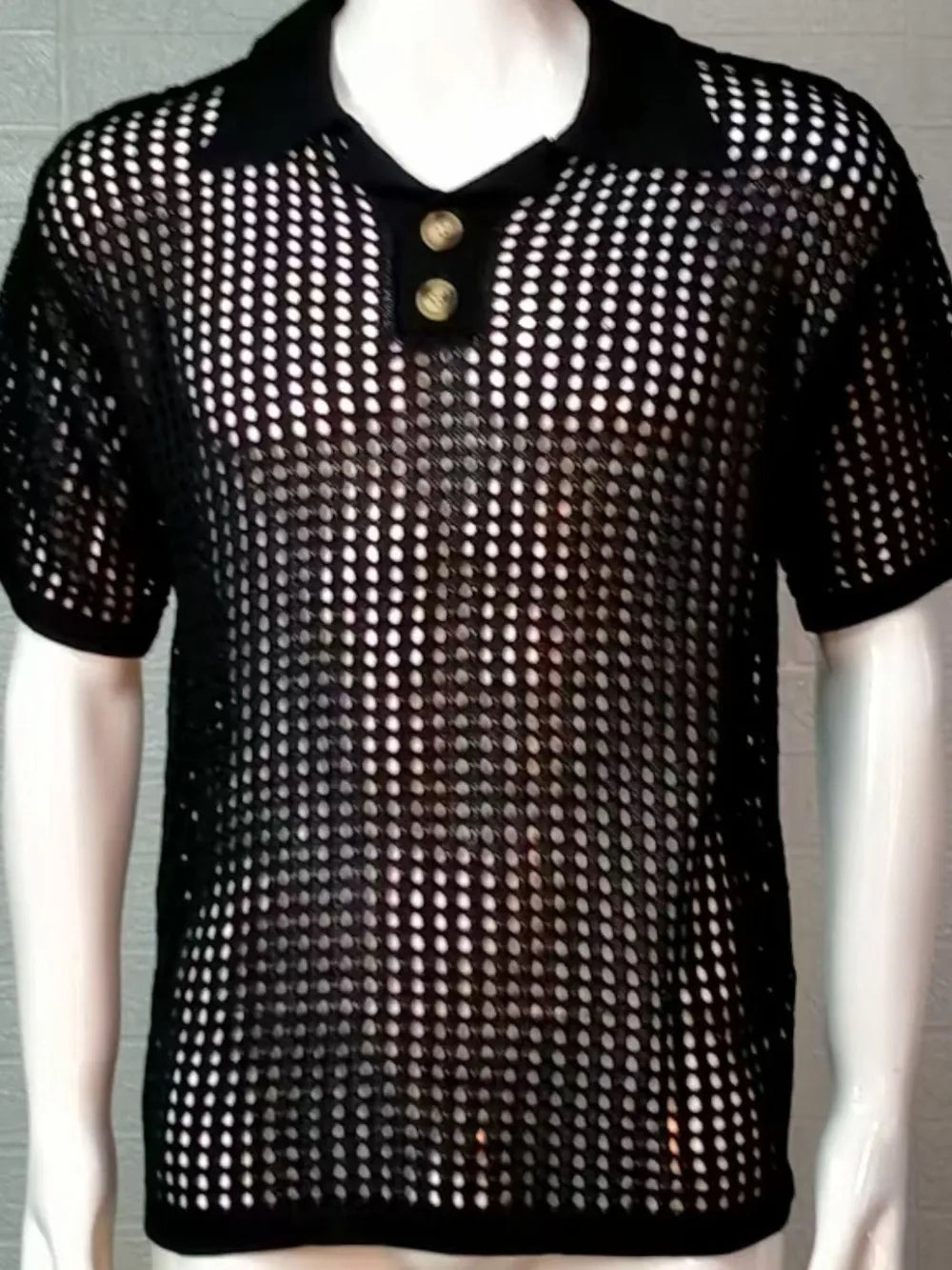 Men's Plus Size Openwork Collared Neck Quarter Button Knit Polo
