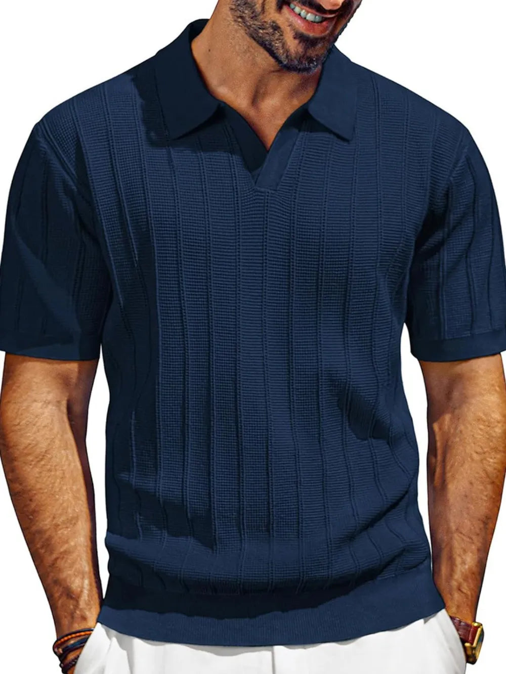 Men's Full Size Textured Collared Neck Short Sleeve Polo Plus Size Trendsi