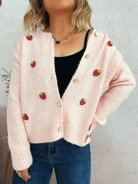 Strawberry Button Up Long Sleeve Cardigan Trendsi