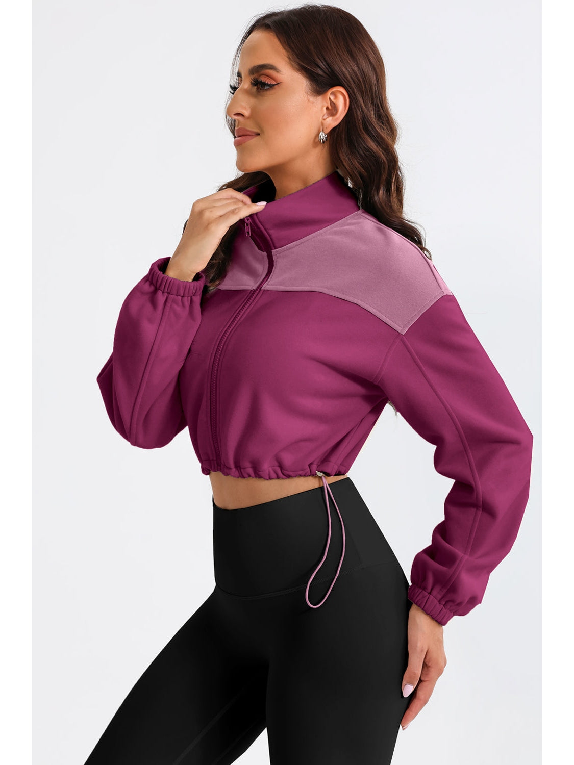 NicholesGifts Women Contrast Drawstring Zip Up Jacket NicholesGifts