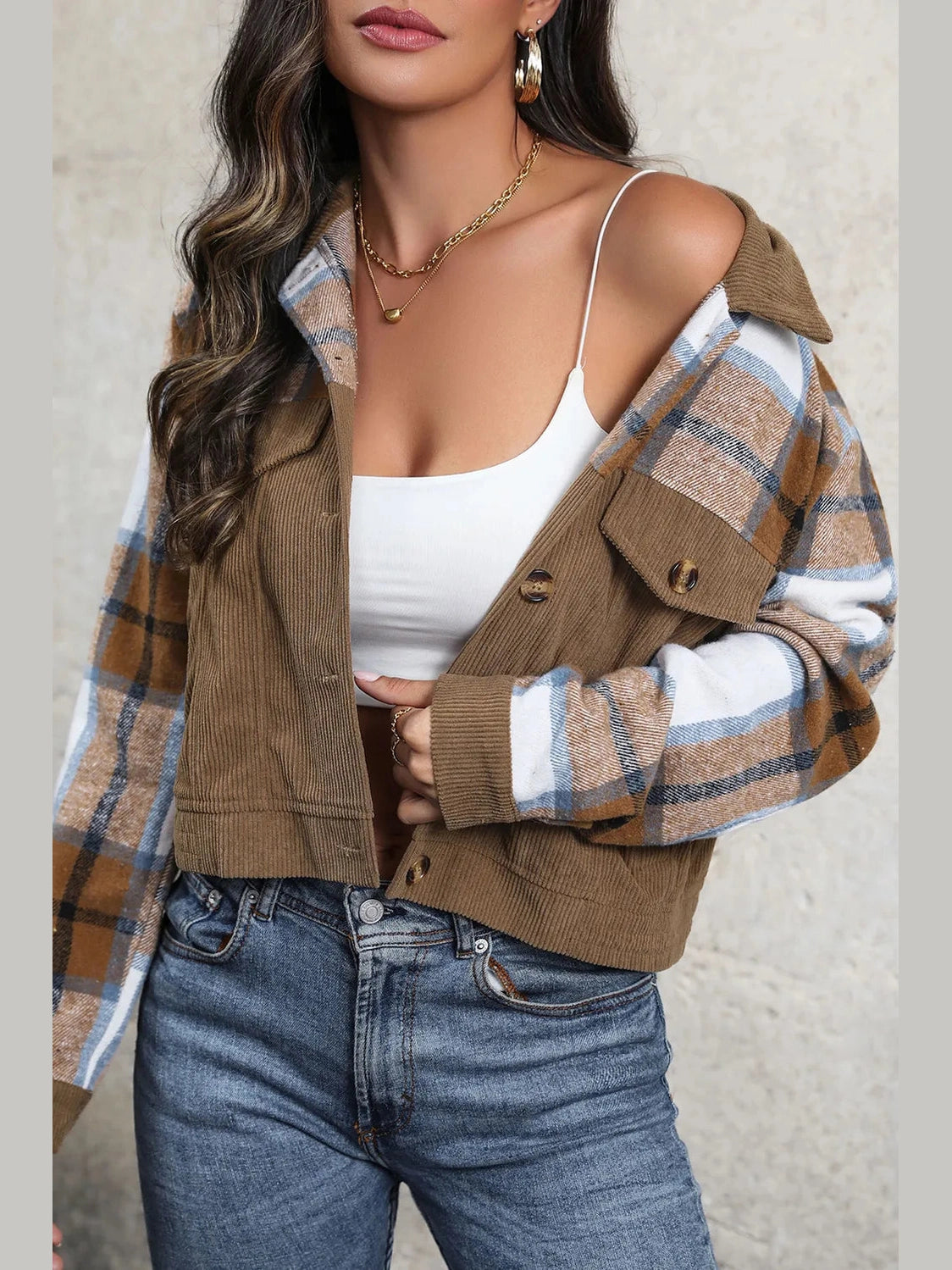 Perfee Plaid Button Up Collared Neck Jacket nicholesgifts