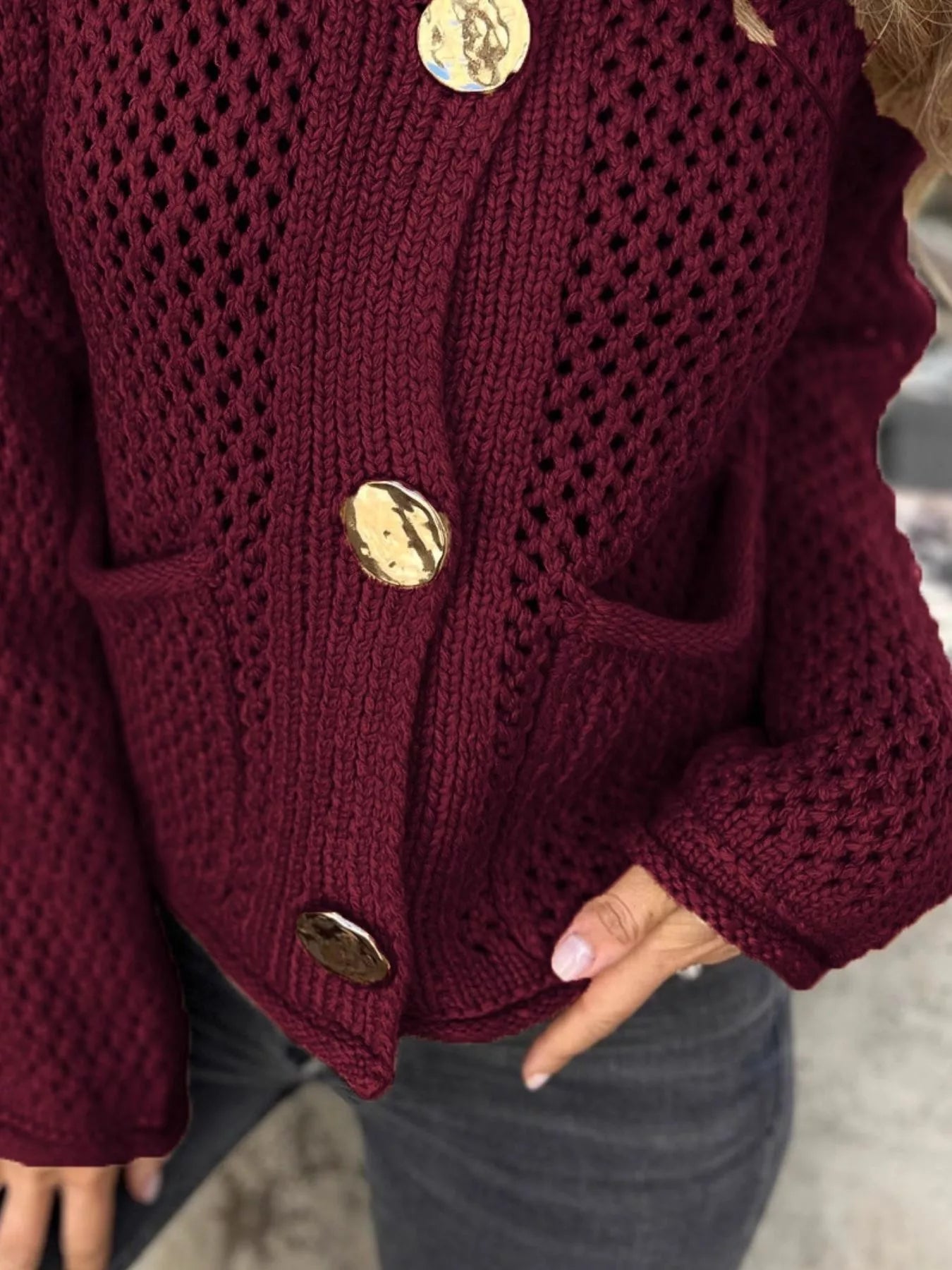 Crochet Button Up Long Sleeve Cardigan nicholesgifts