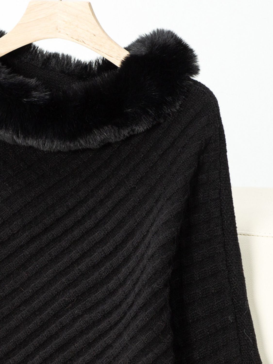 NicholesGifts Women Fuzzy Trim Texture Three-Quarter Sleeve Poncho NicholesGifts