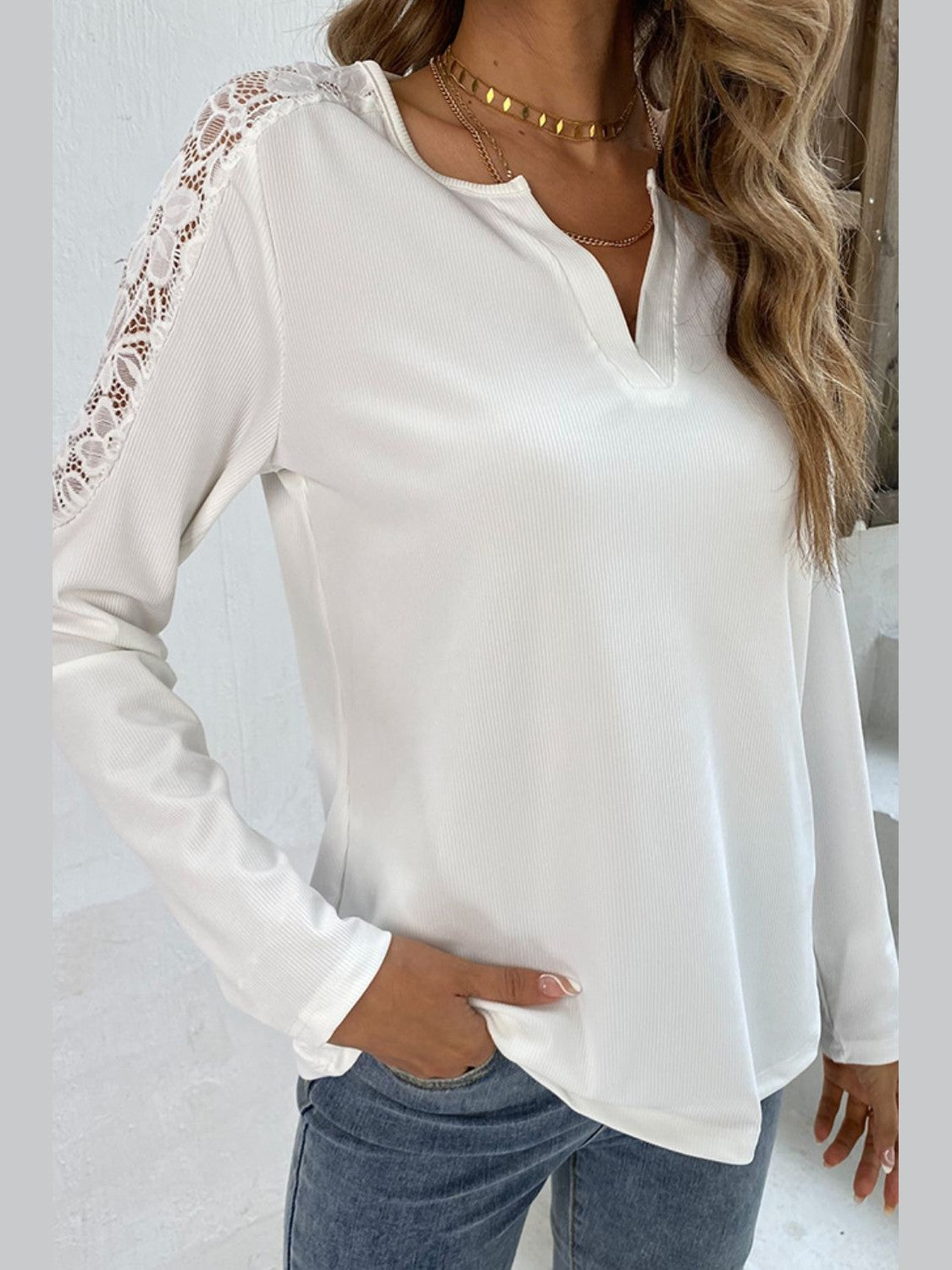 Spliced Lace Notched Neck Top