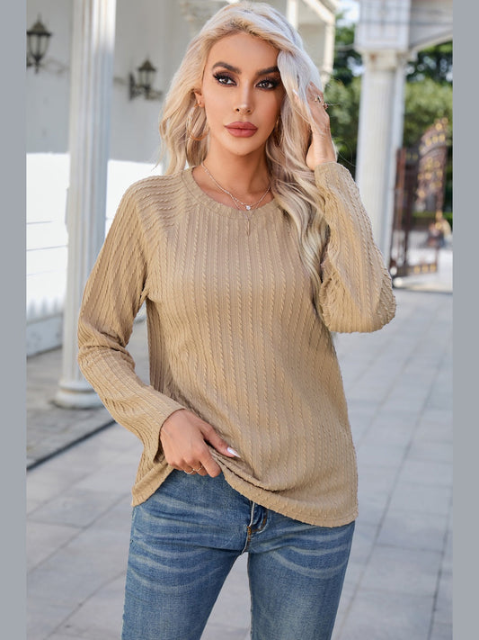 Round Neck Raglan Sleeve Ribbed Blouse NicholesGifts