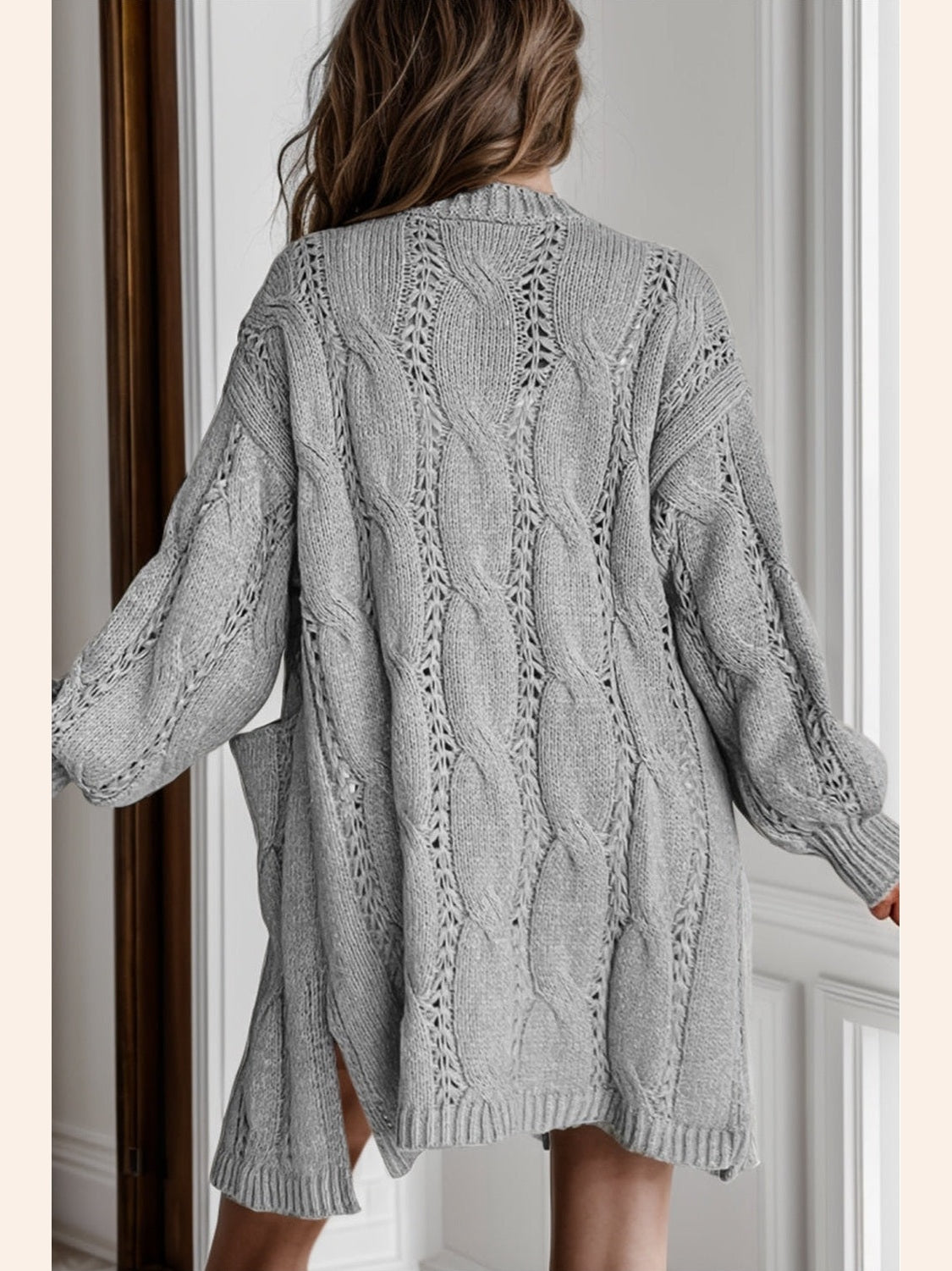 Women Cable-Knit Dropped Shoulder Slit Cardigan