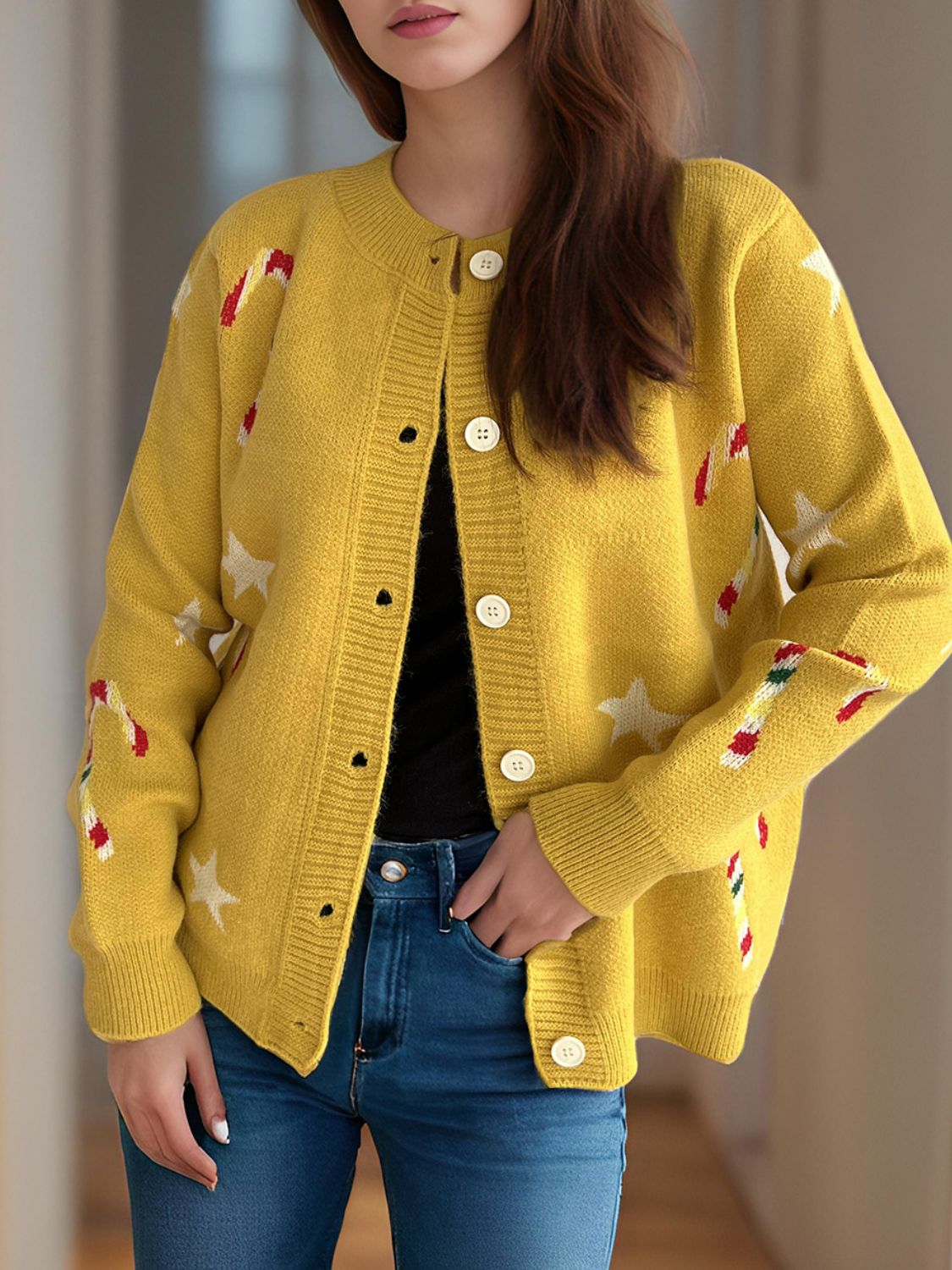 NicholesGifts Women Candy Cane & Star Button Down Long Sleeve Christmas Cardigan NicholesGifts