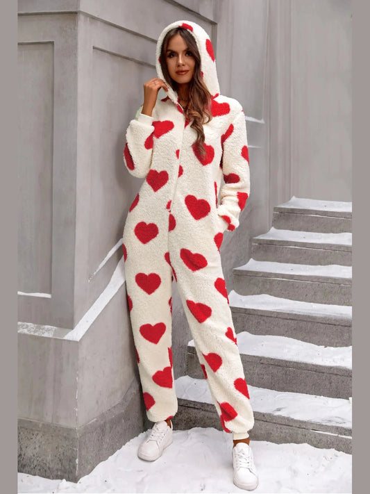 Fuzzy Heart Zip Up Hooded Lounge Jumpsuit Trendsi