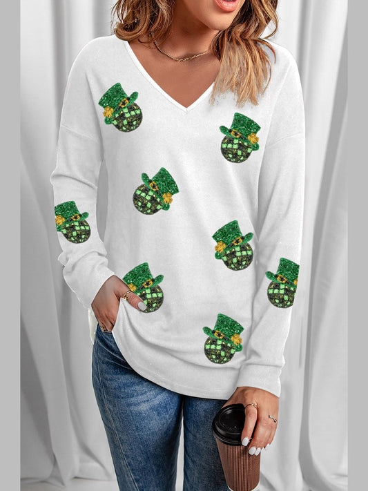 Women Sequin V-Neck Long Sleeve St. Patrick's Day Tee Shirt NicholesGifts