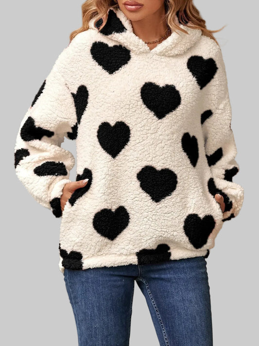 Women Fuzzy Heart Pocketed Dropped Shoulder Hoodie nicholesgifts