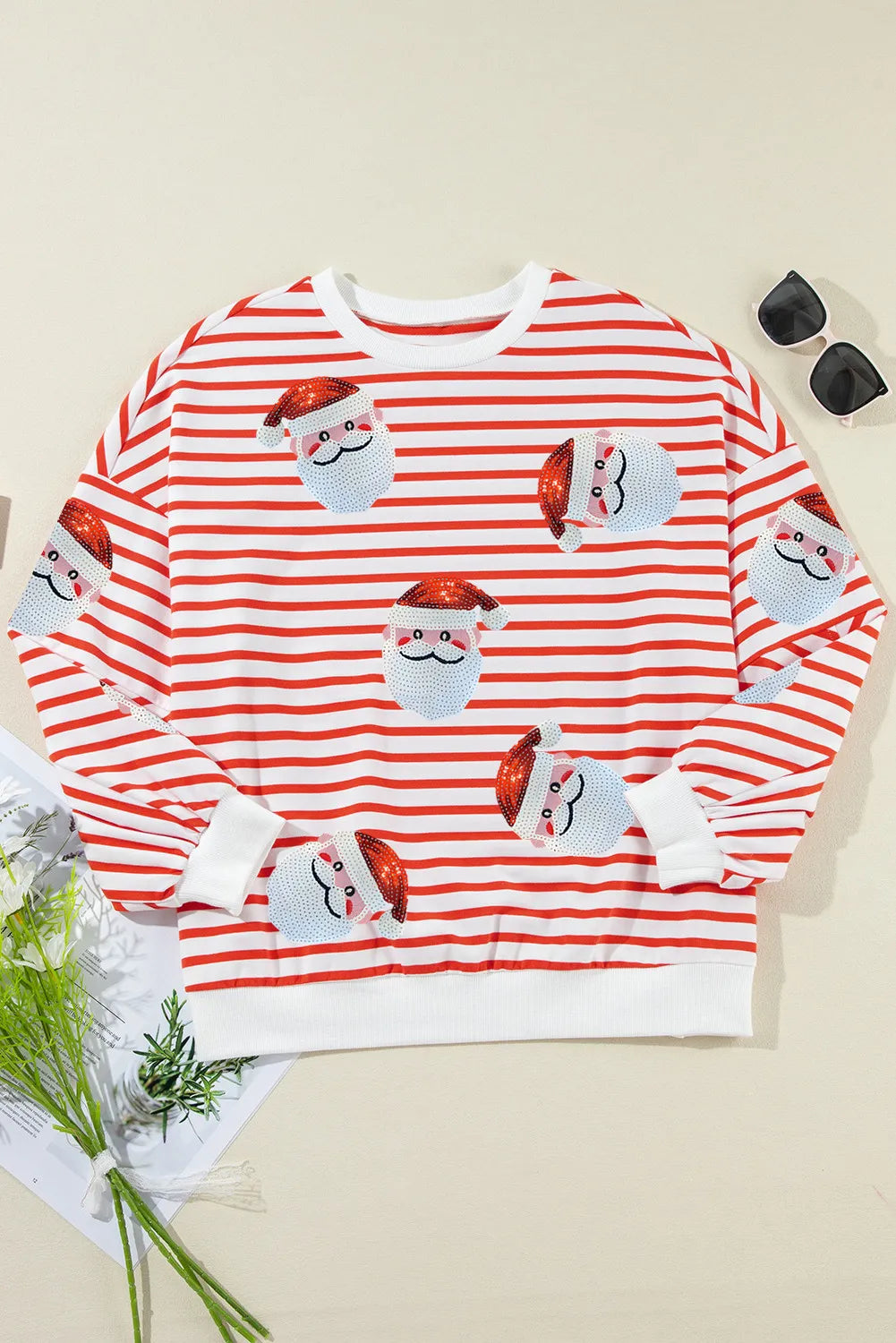 NicholesGifts Women Sequin Santa Striped Round Neck Long Sleeve Sweatshirt NicholesGifts