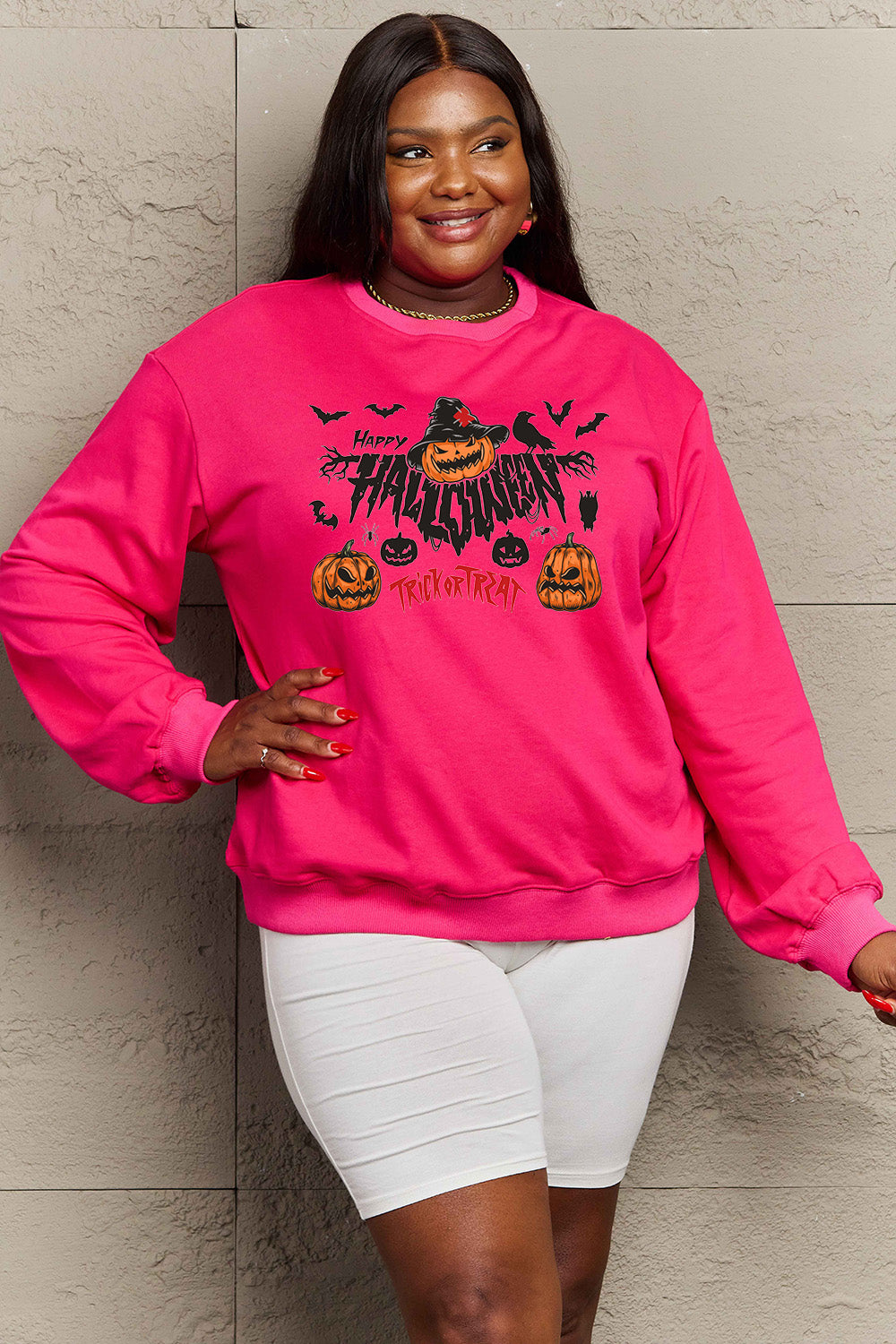 Women Simply Love Full Size Happy Halloween Trick or Treat Graphic Sweatshirt NicholesGifts