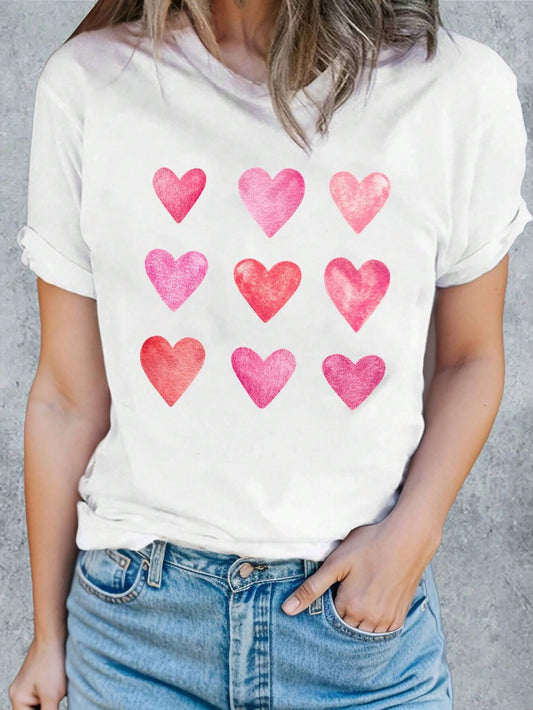 Women Heart Round Neck White Short Sleeve T-Shirt NicholesGifts