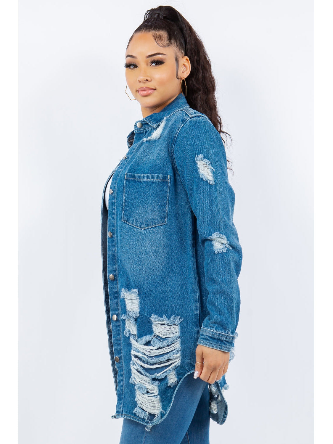 Women American Bazi Distressed Button Up Long Sleeve Denim Jacket NicholesGifts