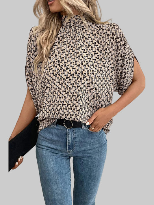 Womens tie back slit half sleeve blouse in beige with black geometric pattern, lightweight polyester fabric and loose fit