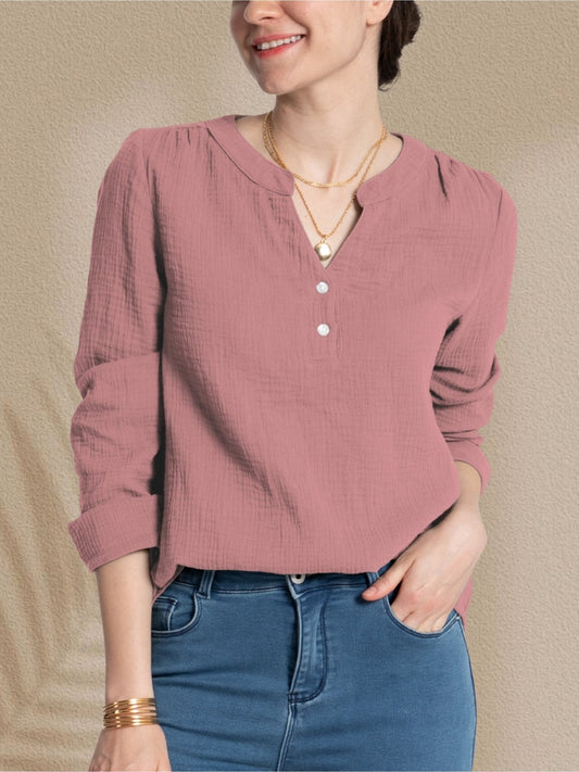 Women FAM-FAM Textured Notched Long Sleeve Blouse NicholesGifts