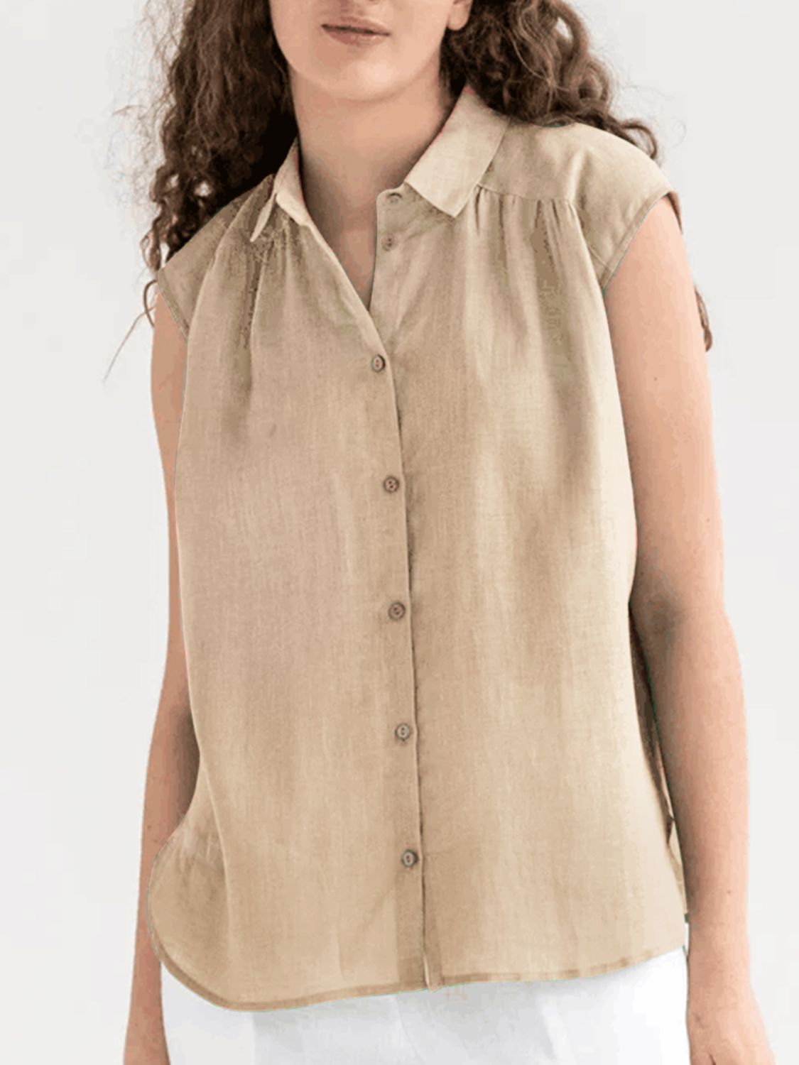 Women Button Up Collared Neck Cap Sleeve Shirt