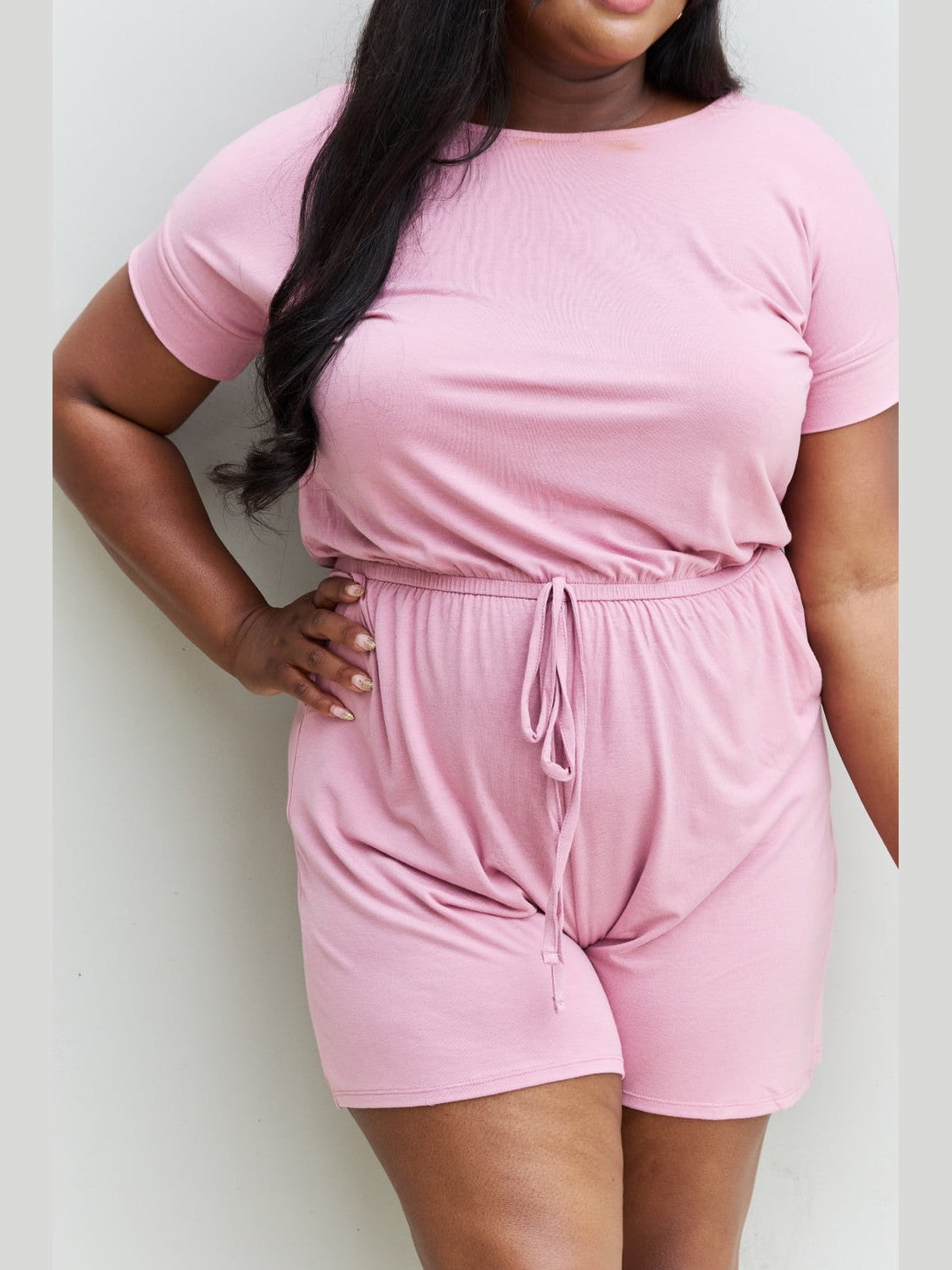 Zenana Chilled Out Full Size Short Sleeve Romper in Light Carnation Pink