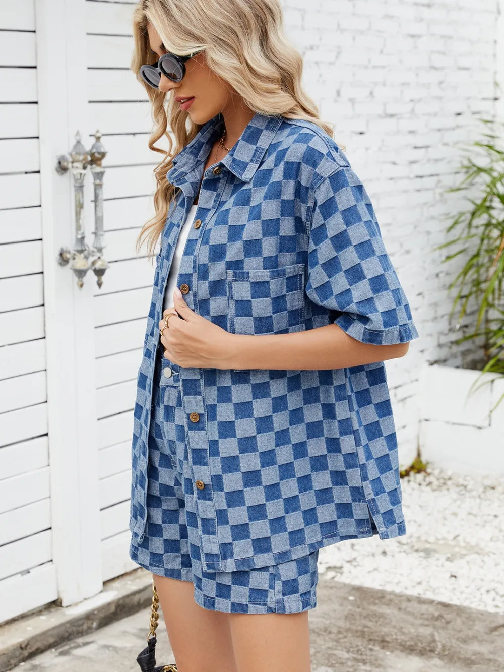 Checkered Shirt and Shorts Denim Set Trendsi