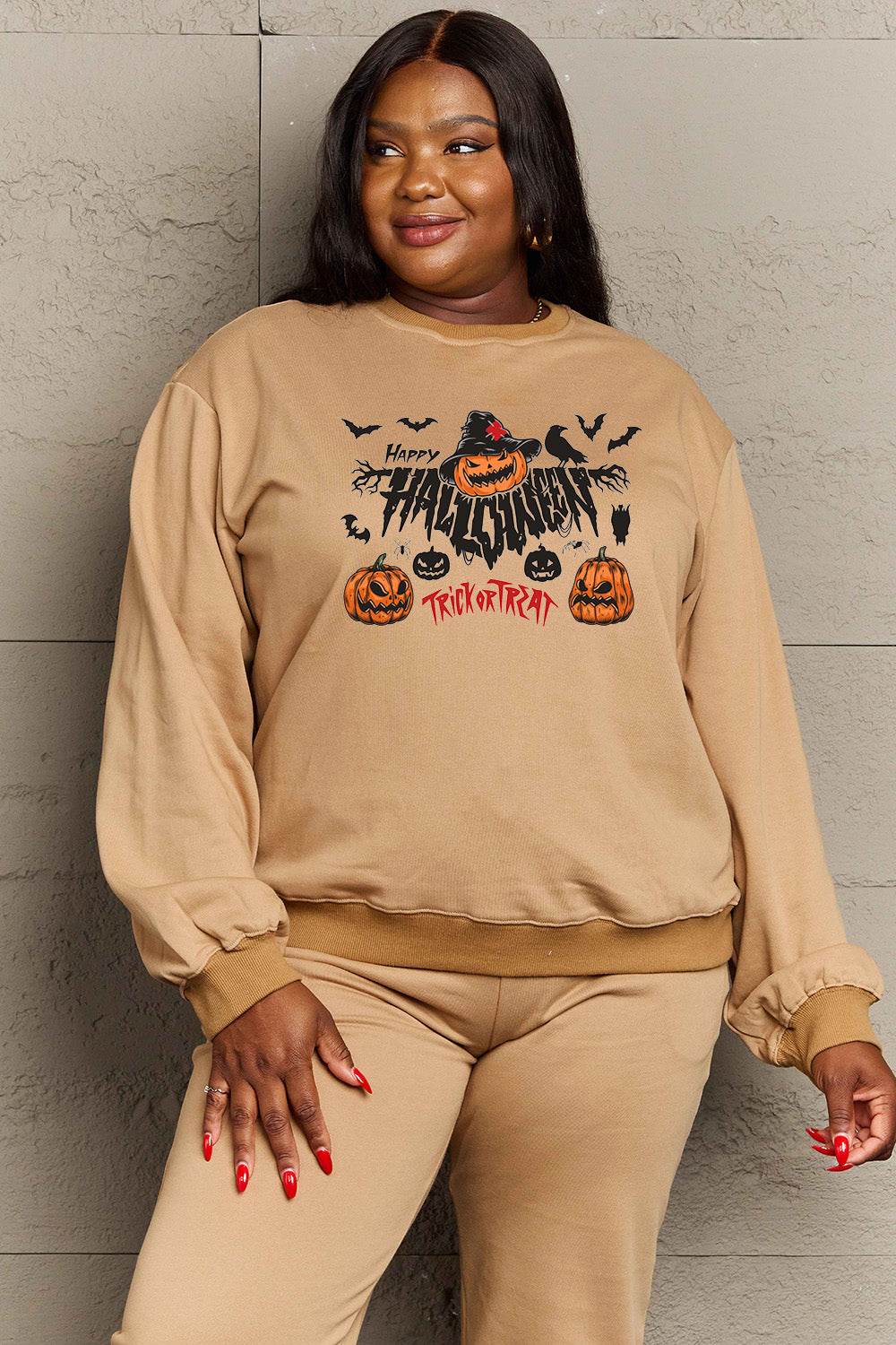 Women Simply Love Full Size Happy Halloween Trick or Treat Graphic Sweatshirt NicholesGifts
