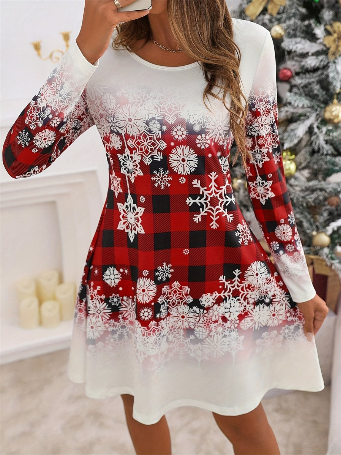 Snowflakes Plaid Round Neck Long Sleeve Dress NicholesGifts