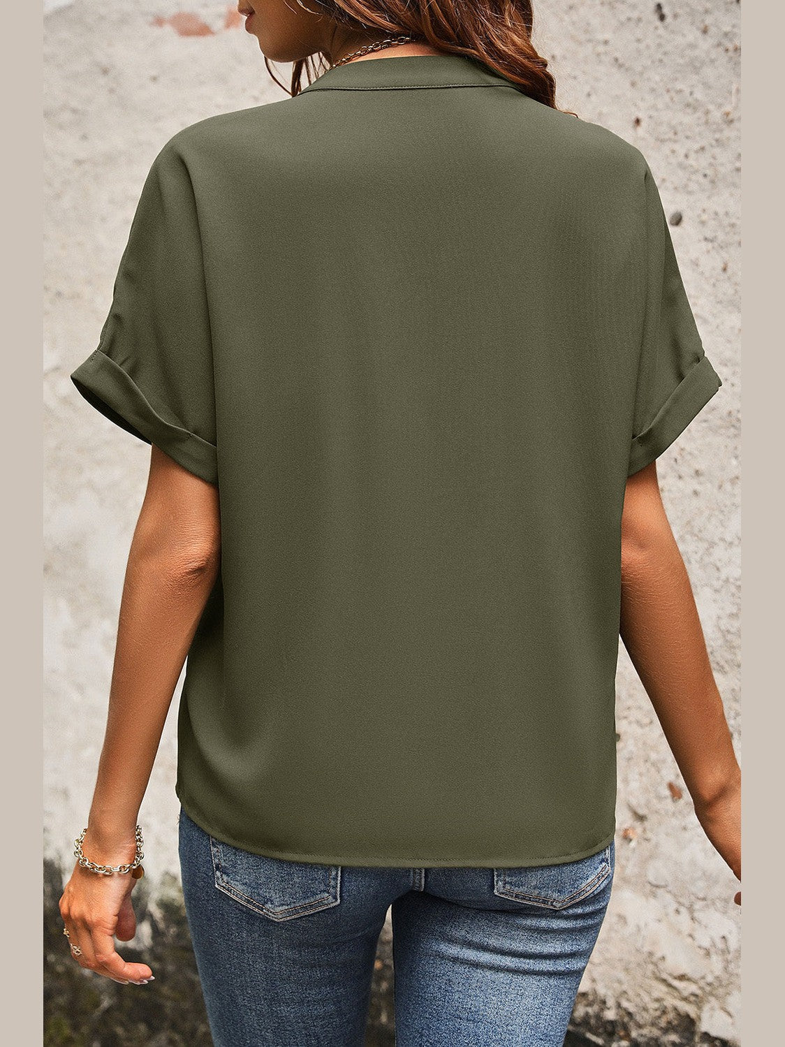 Pocketed Notched Short Sleeve Blouse