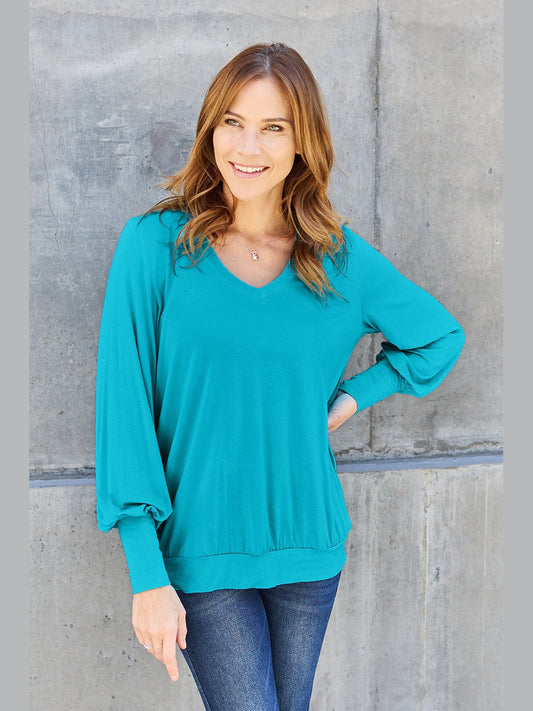 Women Basic Bae Full Size V-Neck Lantern Sleeve Blouse NicholesGifts