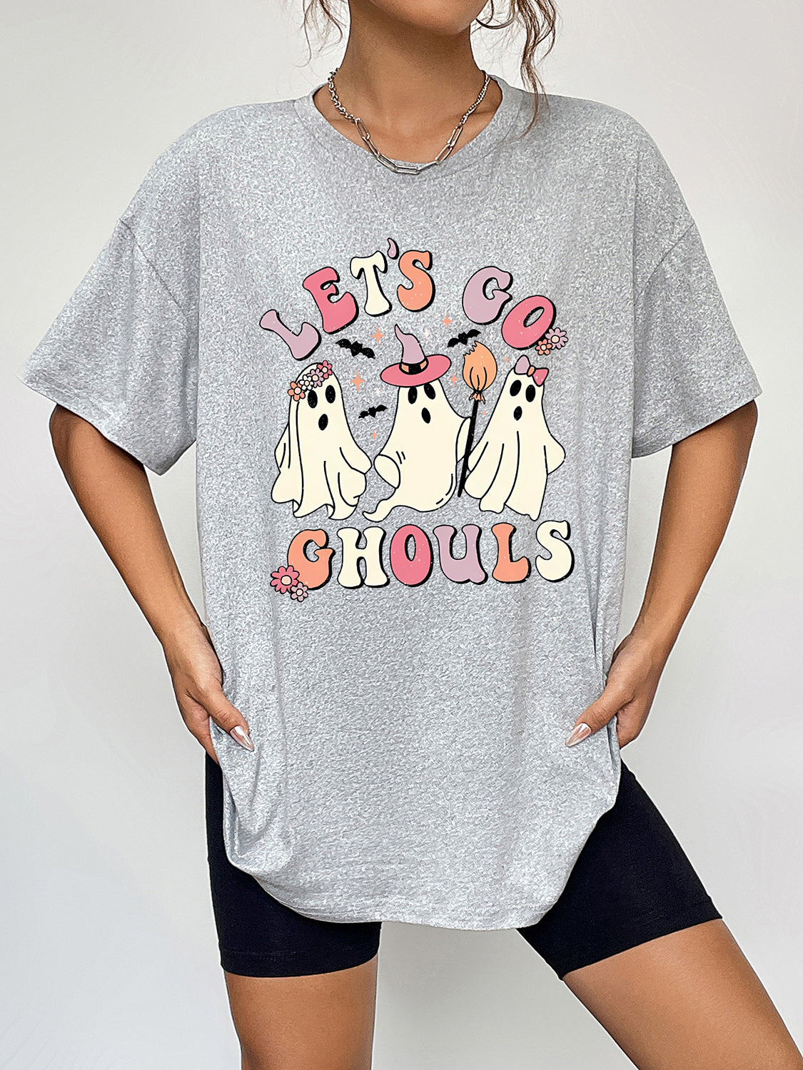 Round Neck Short Sleeve LET'S GO GHOULS Graphic T-Shirt NicholesGifts