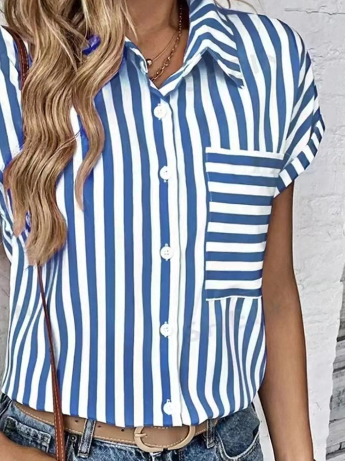Striped Button-Up Short Sleeve Shirt with Pocket