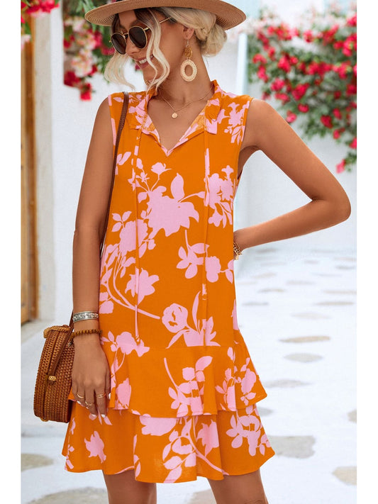 Women Floral Printed Tie Neck Sleeveless Summer Mini Dress