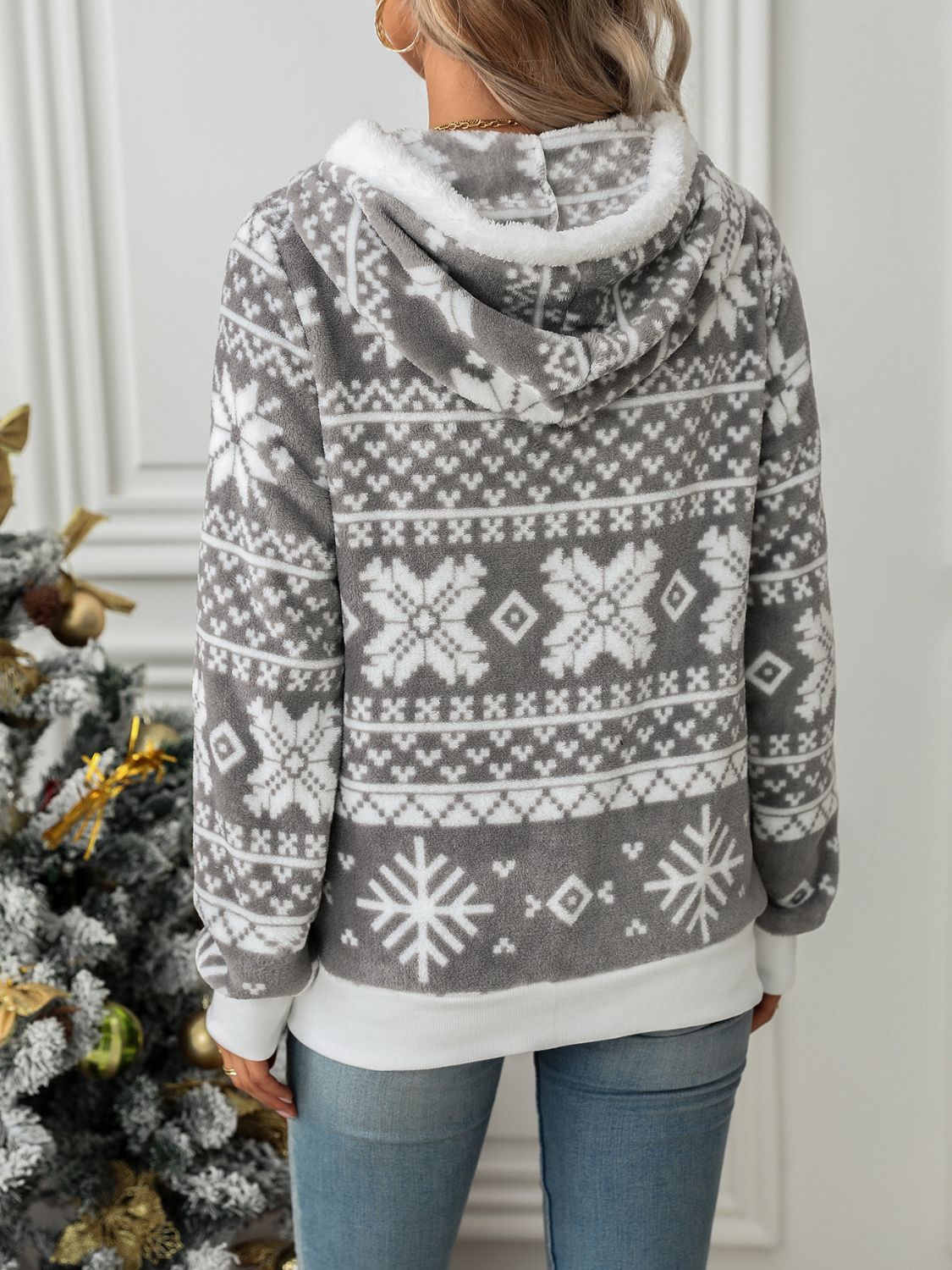 Drawstring Snowflake Zip Up Hooded Outerwear NicholesGifts