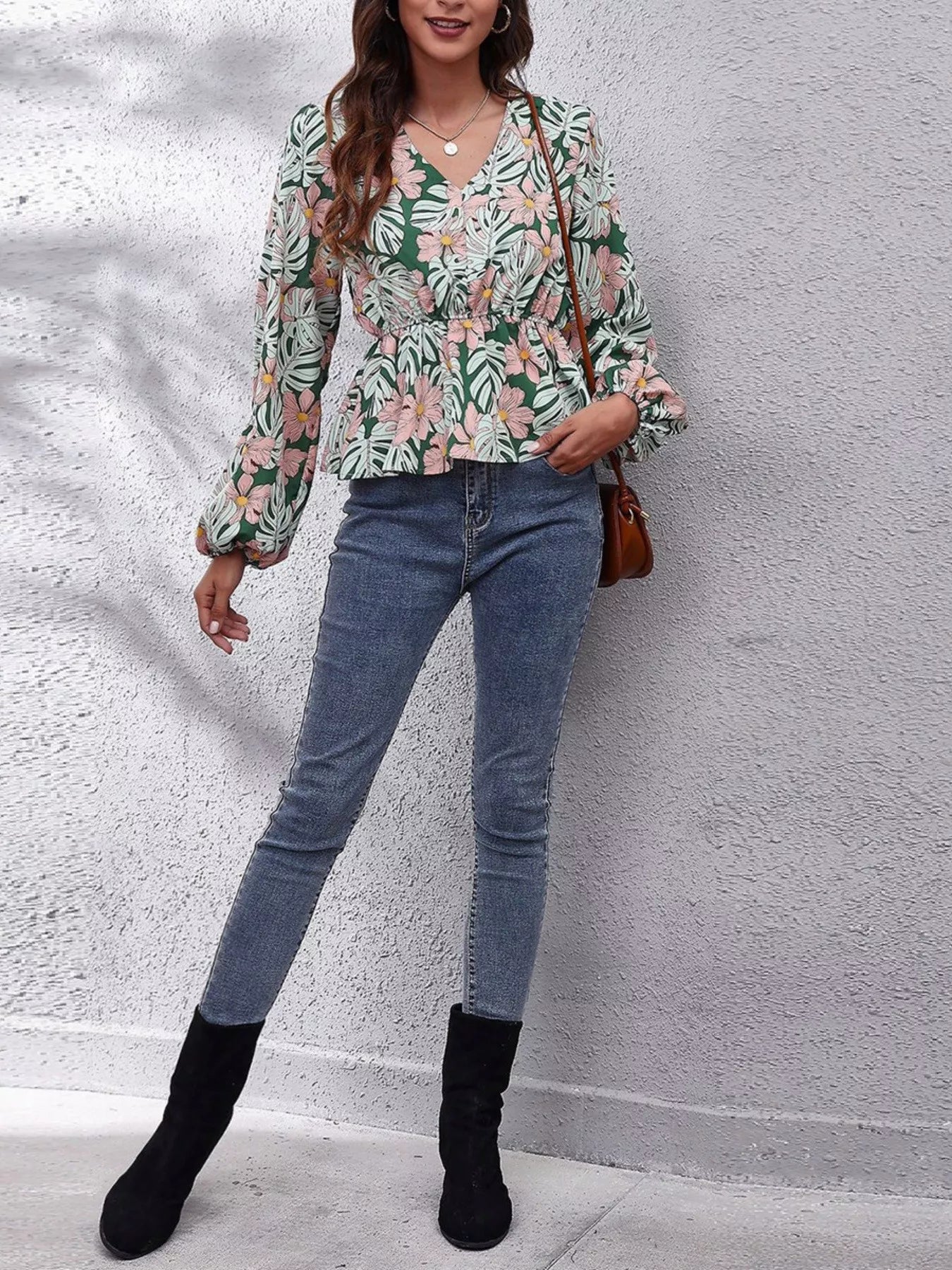 Floral V-Neck Balloon Sleeve Blouse NicholesGifts