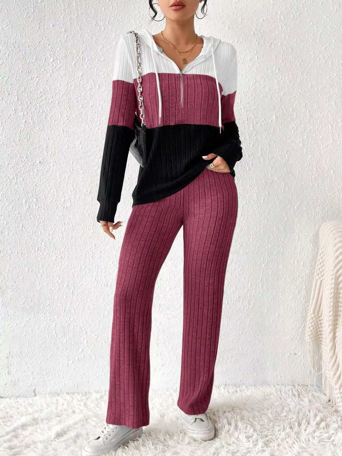 Women Color Block Half Zip Hooded Top and Pants Set NicholesGifts