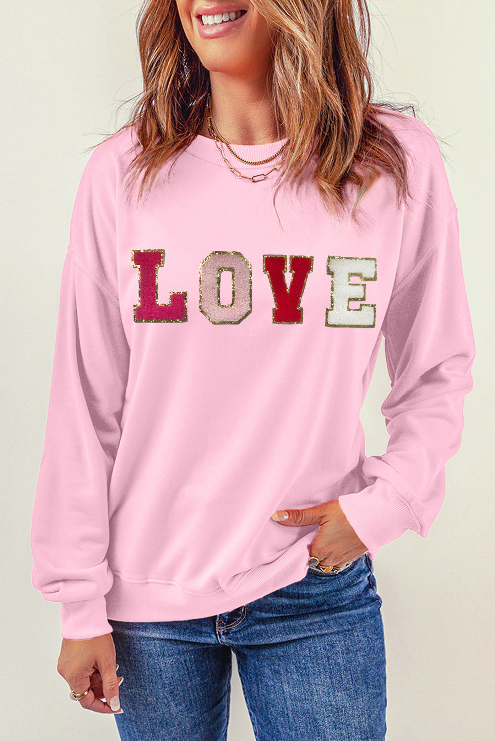 Women Love Patch Round Neck Dropped Shoulder Sweatshirt NicholesGifts