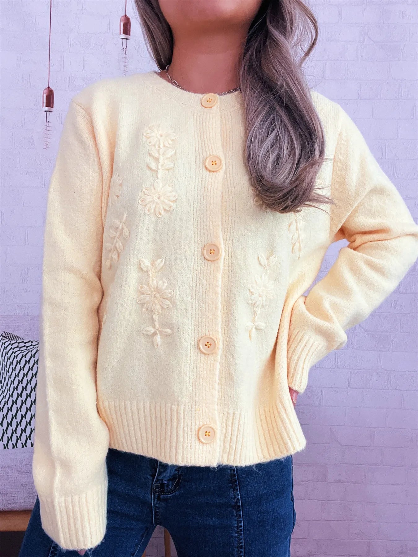 Flower Button Up Ribbed Hem Cardigan