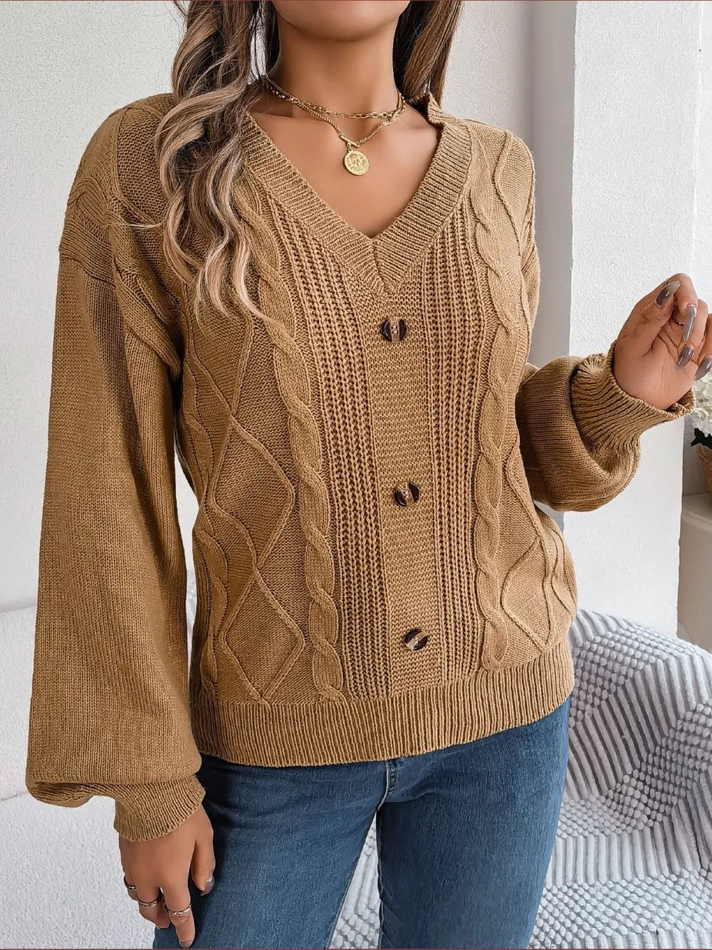 Cable-Knit Buttoned V-Neck Sweater Trendsi