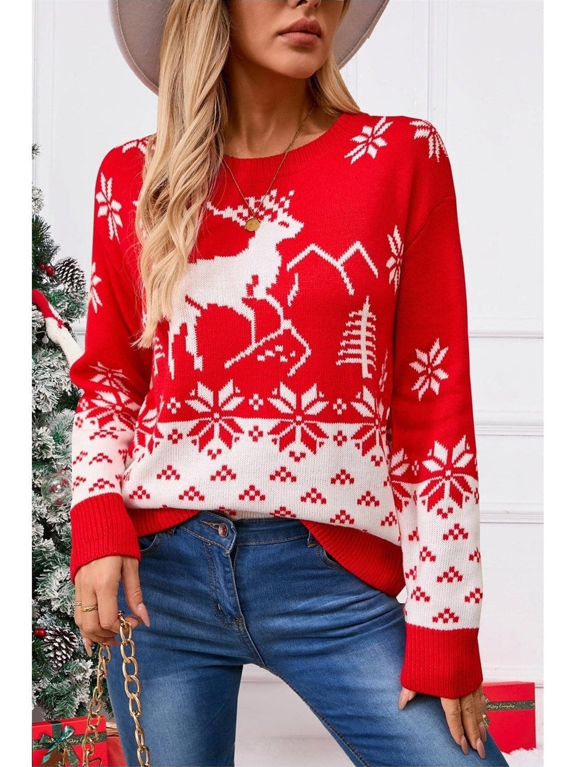 Angel Wings Deer Pattern Round Neck Long Sleeve Sweater