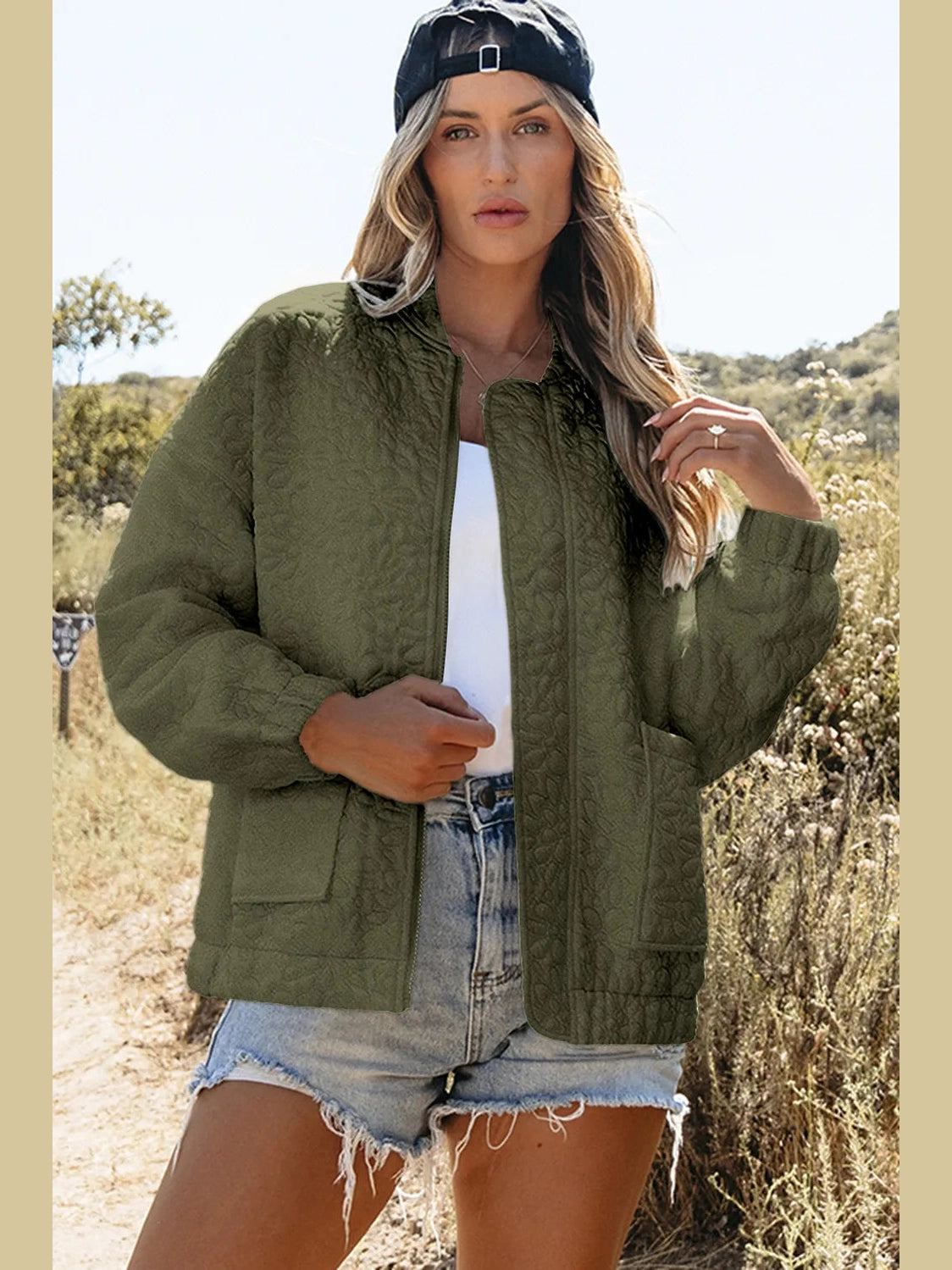 Baseball Collar Floral Quilted Jacket