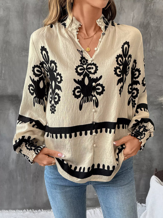 Printed Notched Lantern Sleeve Blouse NicholesGifts