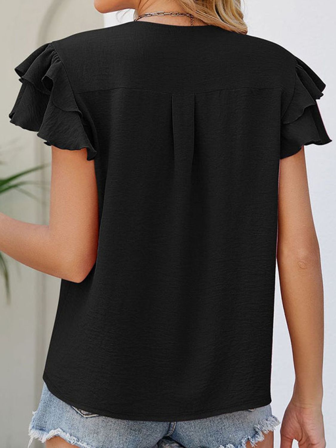Women Ruffled V-Neck Cap Sleeve Blouse