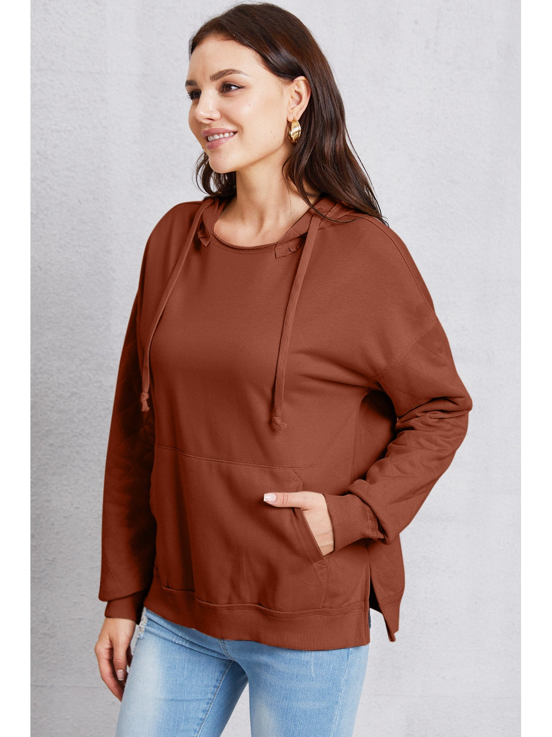 NicholesGifts Women Drawstring Kangaroo Pocket Dropped Shoulder Hoodie NicholesGifts