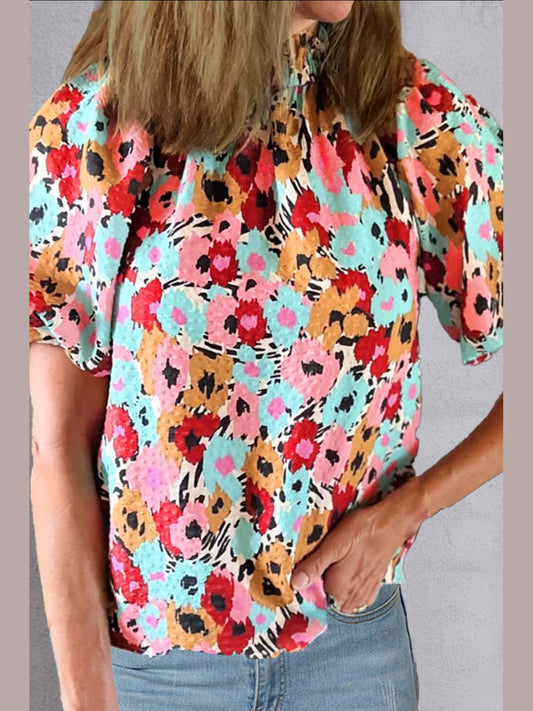 Printed Mock Neck Short Sleeve Blouse NicholesGifts