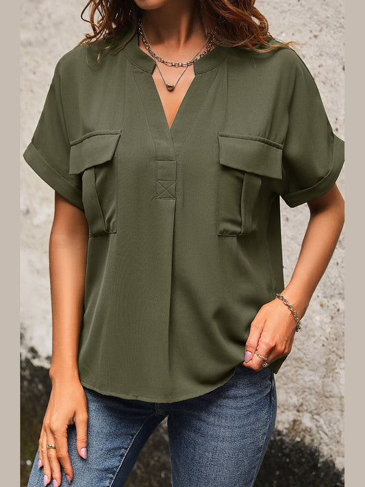 Pocketed Notched Short Sleeve Blouse